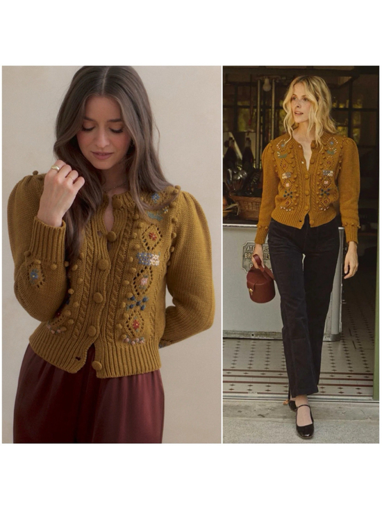 Doen Sweaters - RARE DÔEN Forget Me Not Embroidered Floral Bobble Knit Cardigan Sweater Tan XL